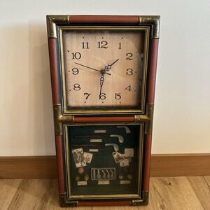 Vtg Looking Shadowbox Wood And Brass Accent Clock History Of Golf Father's Day